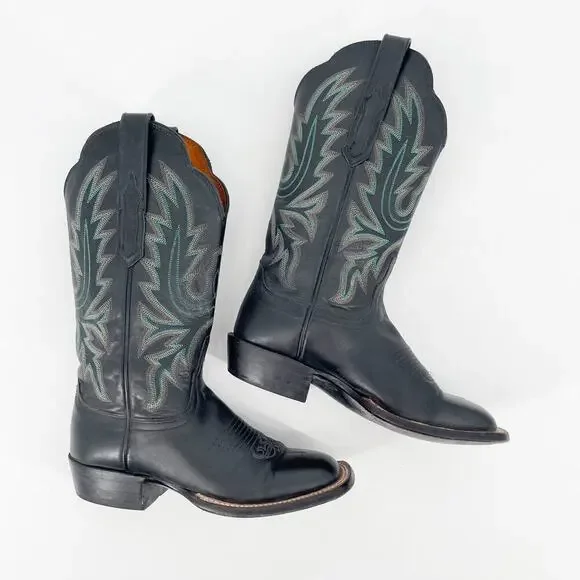 Lucchese Women’s 6 Black Leather Turquoise Stitching Square Toe Western Boots - Picture 3 of 11